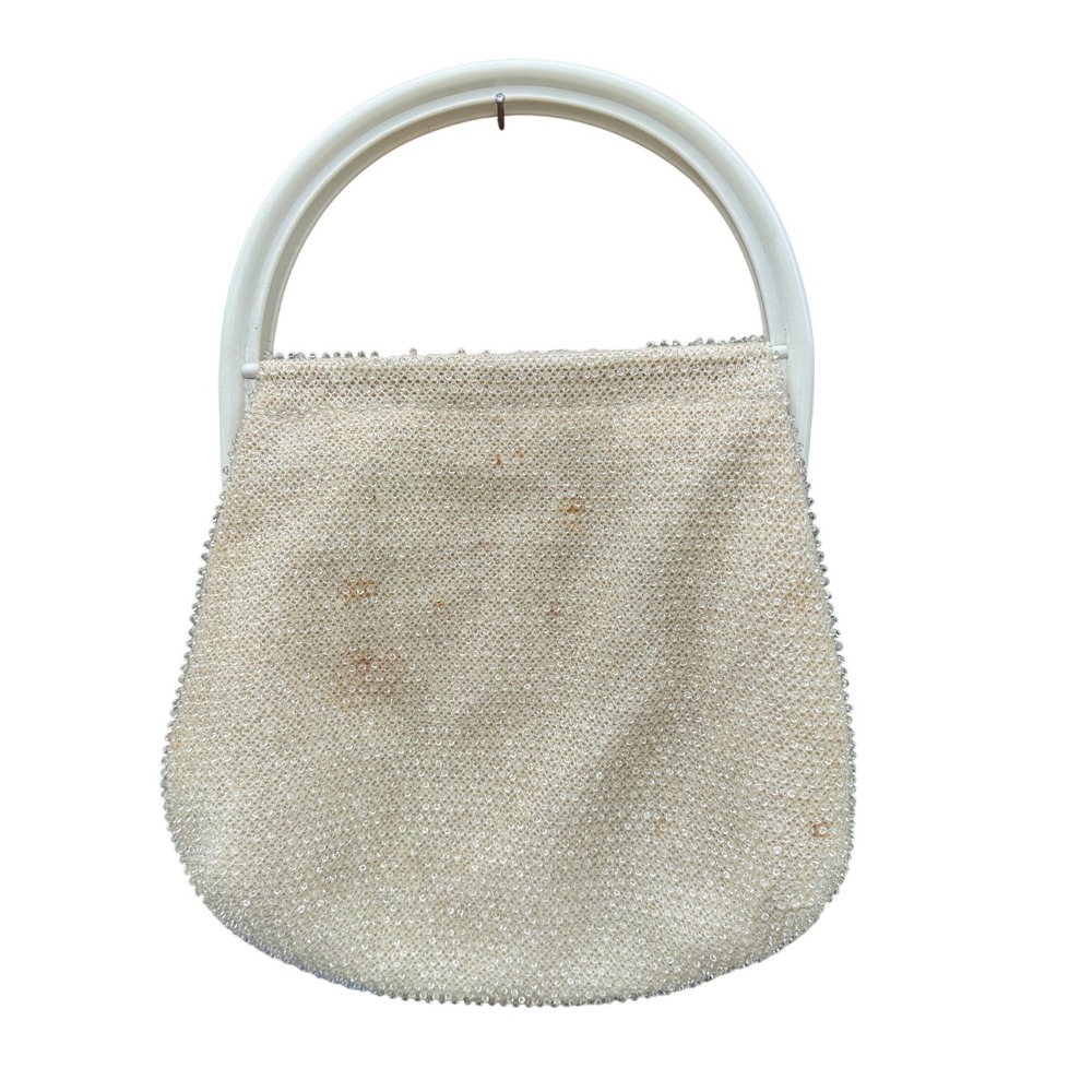 Vintage Cream Beaded Top Handle Evening Bag Mid Century Bridal Purse Off White - Picture 3 of 7